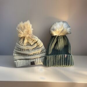 CC Beige Knit Beanie FURTALK Green Faux Fur Pom Hat Womens Winter Lot